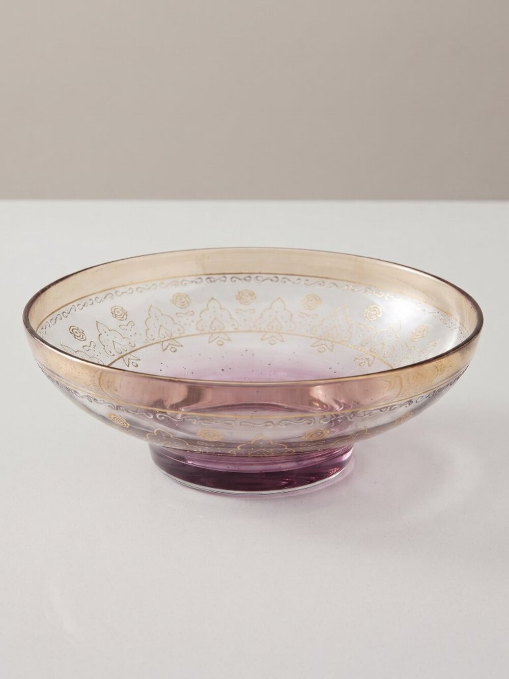 Vintage Amethyst Ombre Art Glass Centerpiece Bowl Gold Enamel 12" Decor